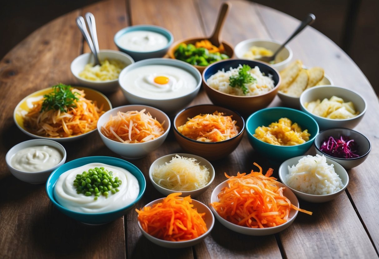 A colorful array of probiotic-rich foods, such as yogurt, kimchi, and sauerkraut, arranged on a wooden table