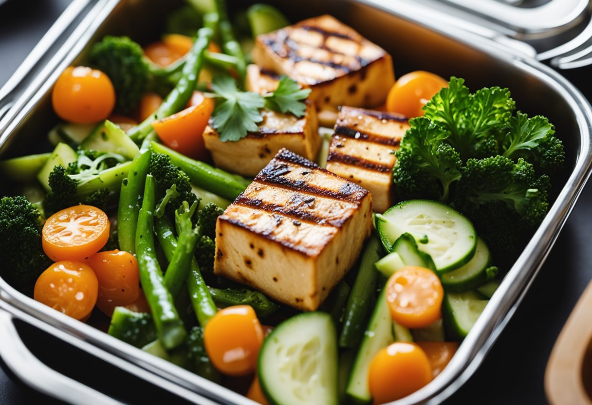 Tofu grelhado com legumes mistos cozidos no vapor, uma marmita vegana