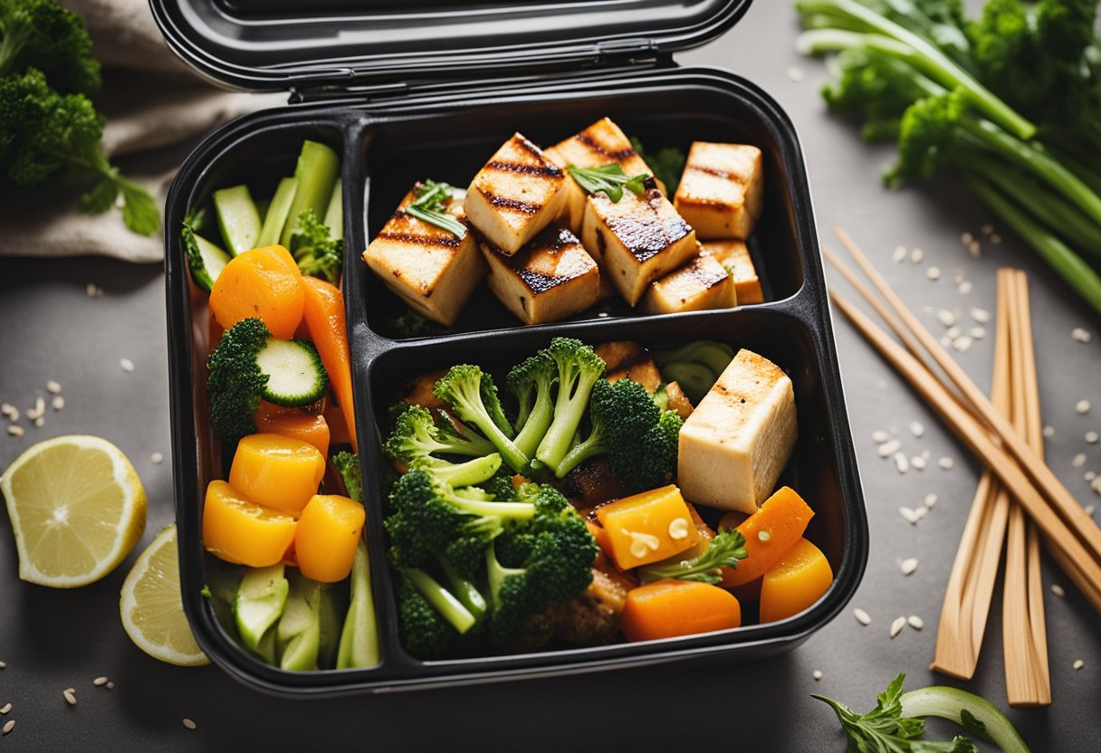 Tofu grelhado e vegetais no vapor em uma marmita vegana
