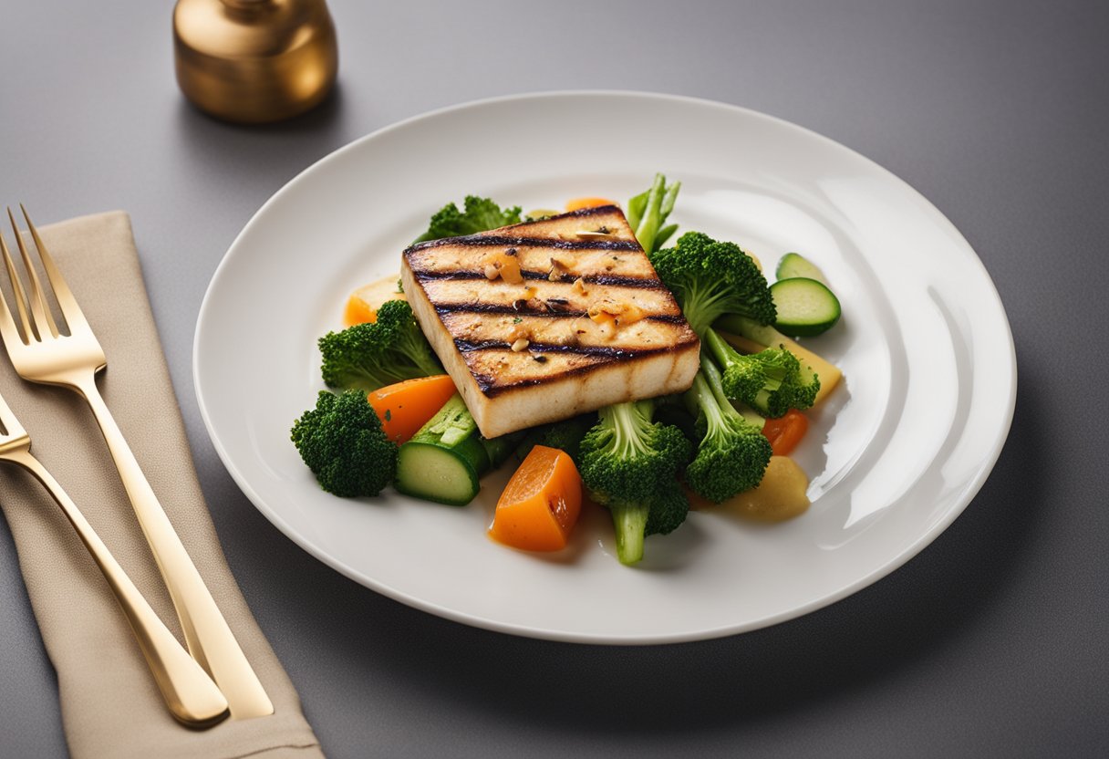 Tofu grelhado e legumes cozidos no vapor em um prato, com vapor subindo dos legumes