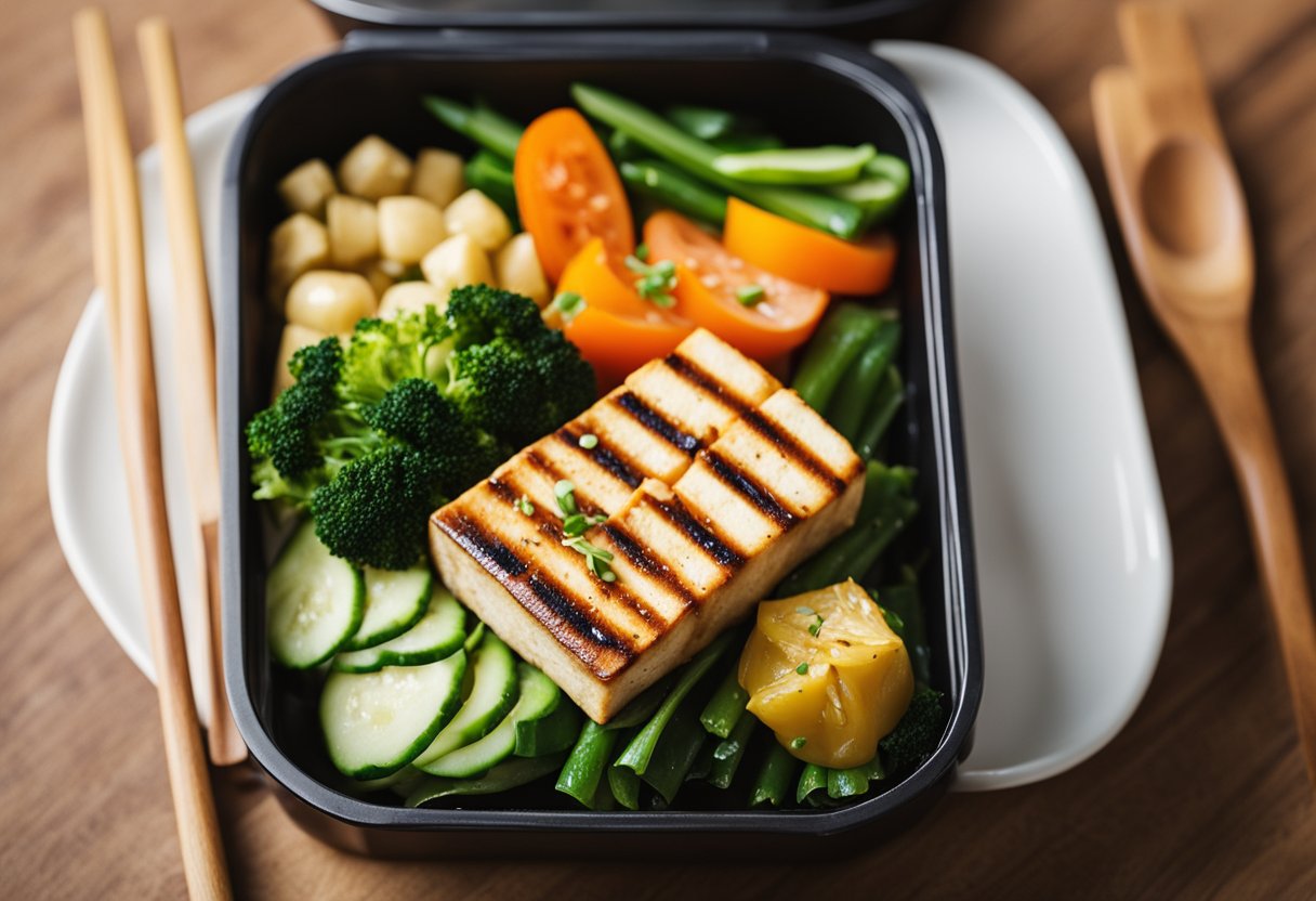 Tofu grelhado com legumes cozidos no vapor em uma caixa bento