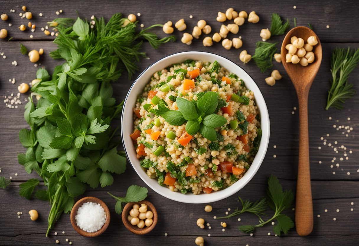 Uma tigela de tabule de bulgur com grão-de-bico e ervas frescas, cercada por ingredientes espalhados e uma colher de madeira rústica