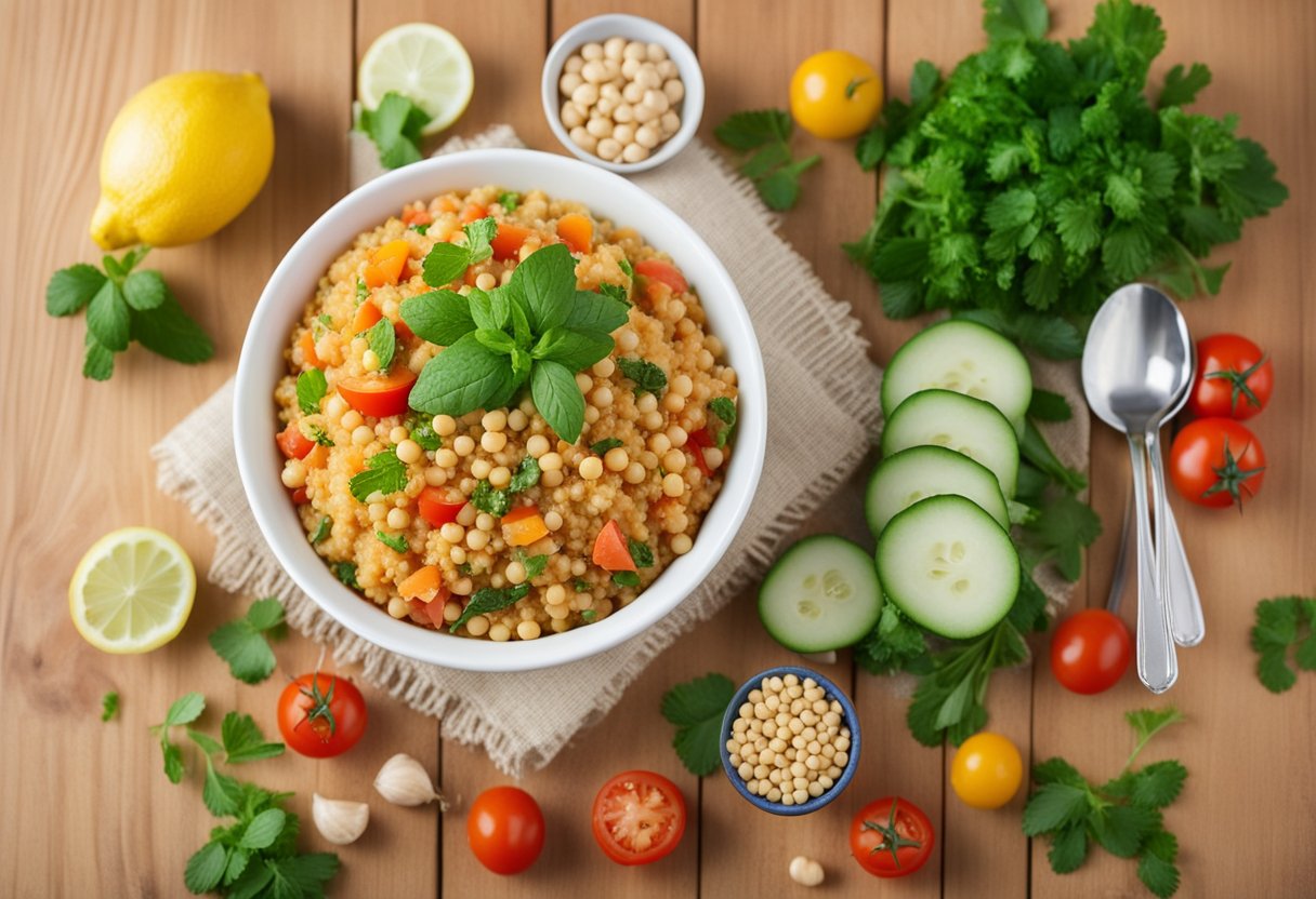 Uma tigela vibrante de tabule de bulgur com grão-de-bico e ervas frescas, cercada por uma variedade colorida de ingredientes como tomates, pepinos e fatias de limão.