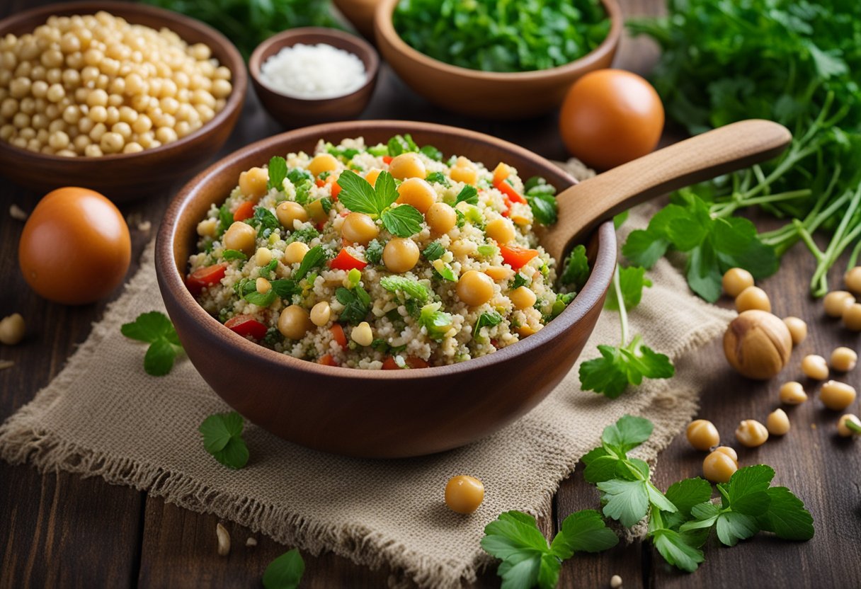 Uma tigela colorida de tabule com bulgur, grão-de-bico e ervas frescas, cercada por ingredientes espalhados e uma colher de madeira rústica