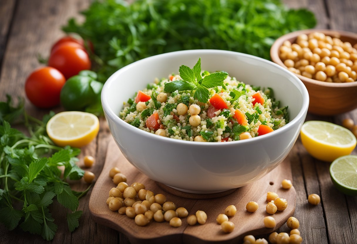 Uma tigela de tabule com bulgur, grão-de-bico e ervas frescas em uma mesa de madeira