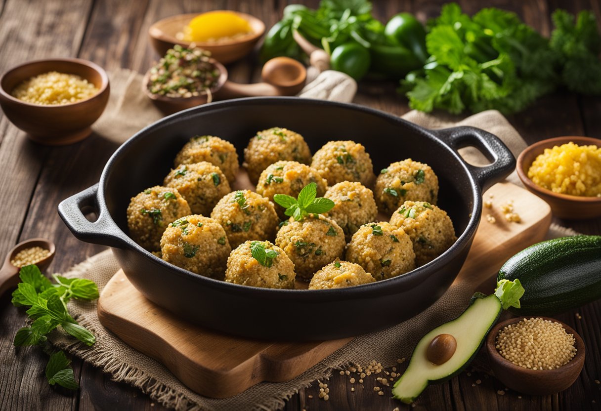 Bolinhas de quinoa e abobrinha assadas em uma mesa de madeira rústica, rodeadas por ingredientes frescos e uma atmosfera quente e acolhedora