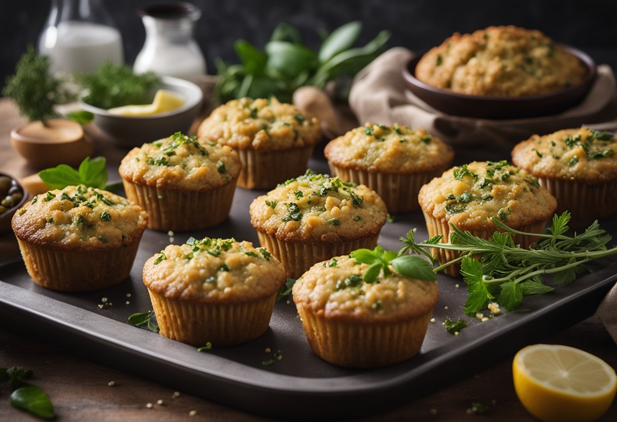 Uma bandeja de muffins de quinoa e abobrinha recém-assados, dourados e fumegantes, cercados por uma pitada de ervas frescas e um fio de azeite.