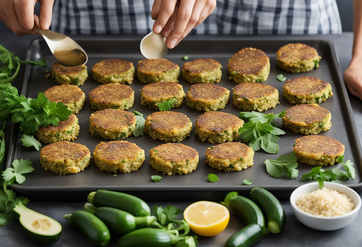 Bolinhos de quinoa e abobrinha sendo colocados em uma assadeira, cercados por ingredientes frescos como quinoa, abobrinha e ervas.
