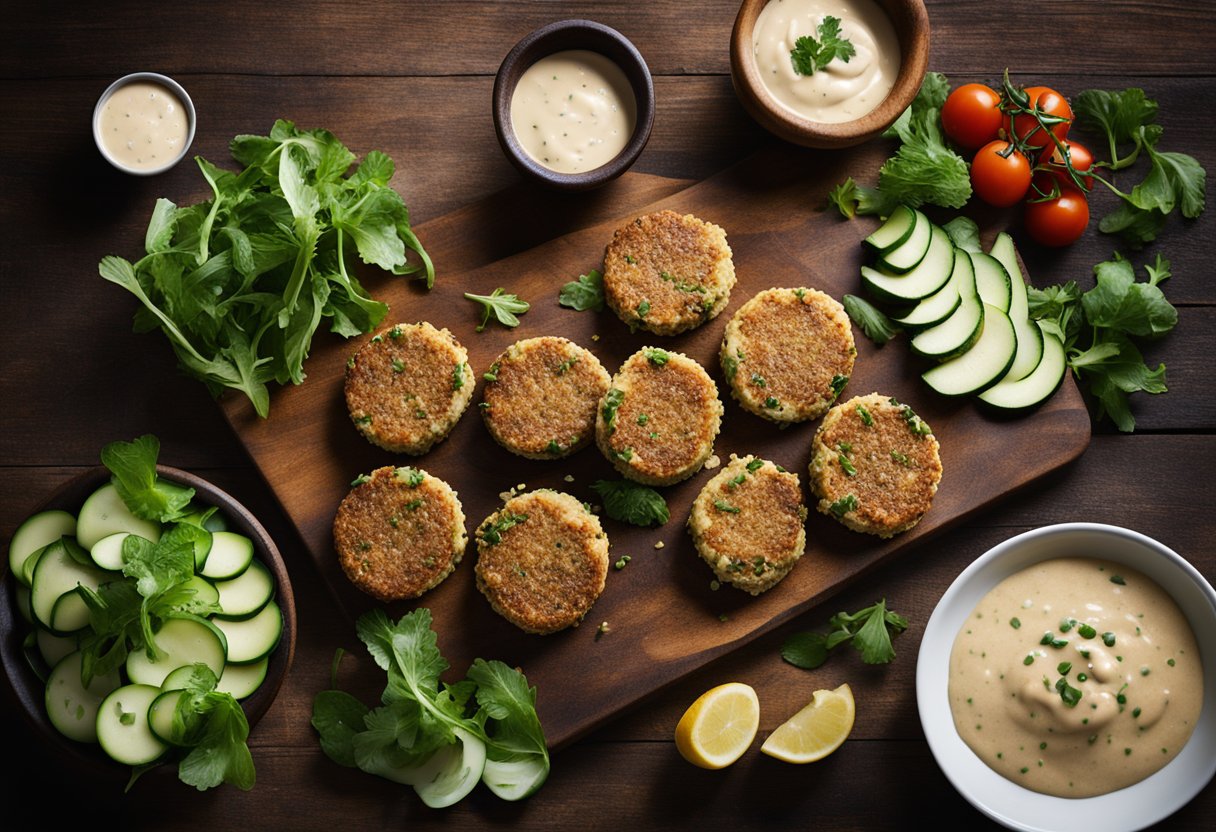 Bolos de quinoa e abobrinha assados em uma tábua rústica de madeira, acompanhados de uma salada fresca e um fio de molho tahini.