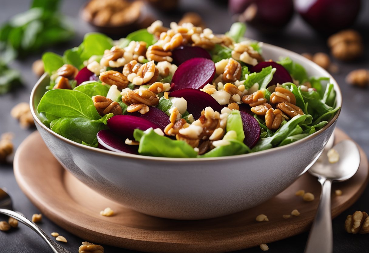Uma tigela de salada colorida cheia de grãos integrais, beterrabas e nozes, com um fio de molho por cima.