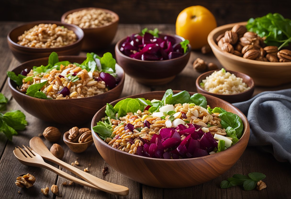 Uma tigela de salada colorida cheia de grãos integrais, beterrabas e nozes, cercada por ingredientes espalhados e um garfo de madeira para salada