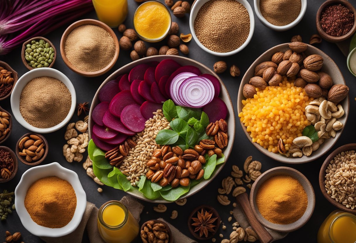 Uma tigela de salada colorida cheia de grãos integrais, beterrabas e nozes, cercada por várias garrafas de especiarias e condimentos.