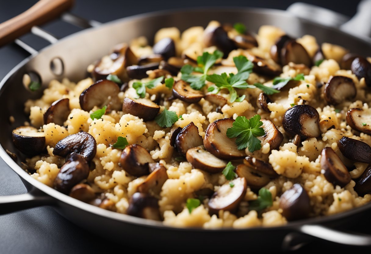 Uma frigideira quente com arroz de couve-flor, cogumelos salteados e frango grelhado