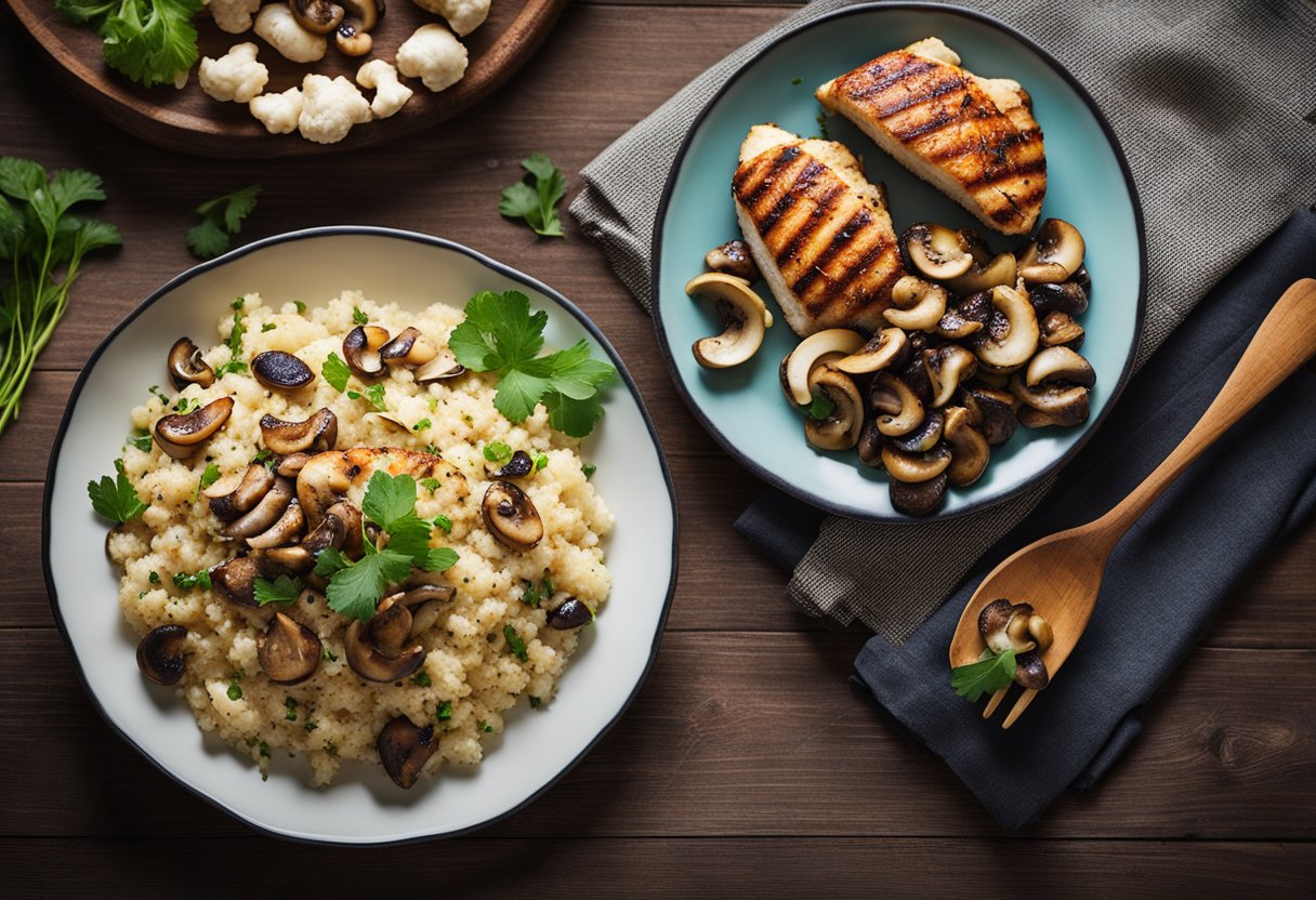 Um prato colorido de arroz de couve-flor com cogumelos salteados e frango grelhado, destacando os benefícios para a saúde da couve-flor.