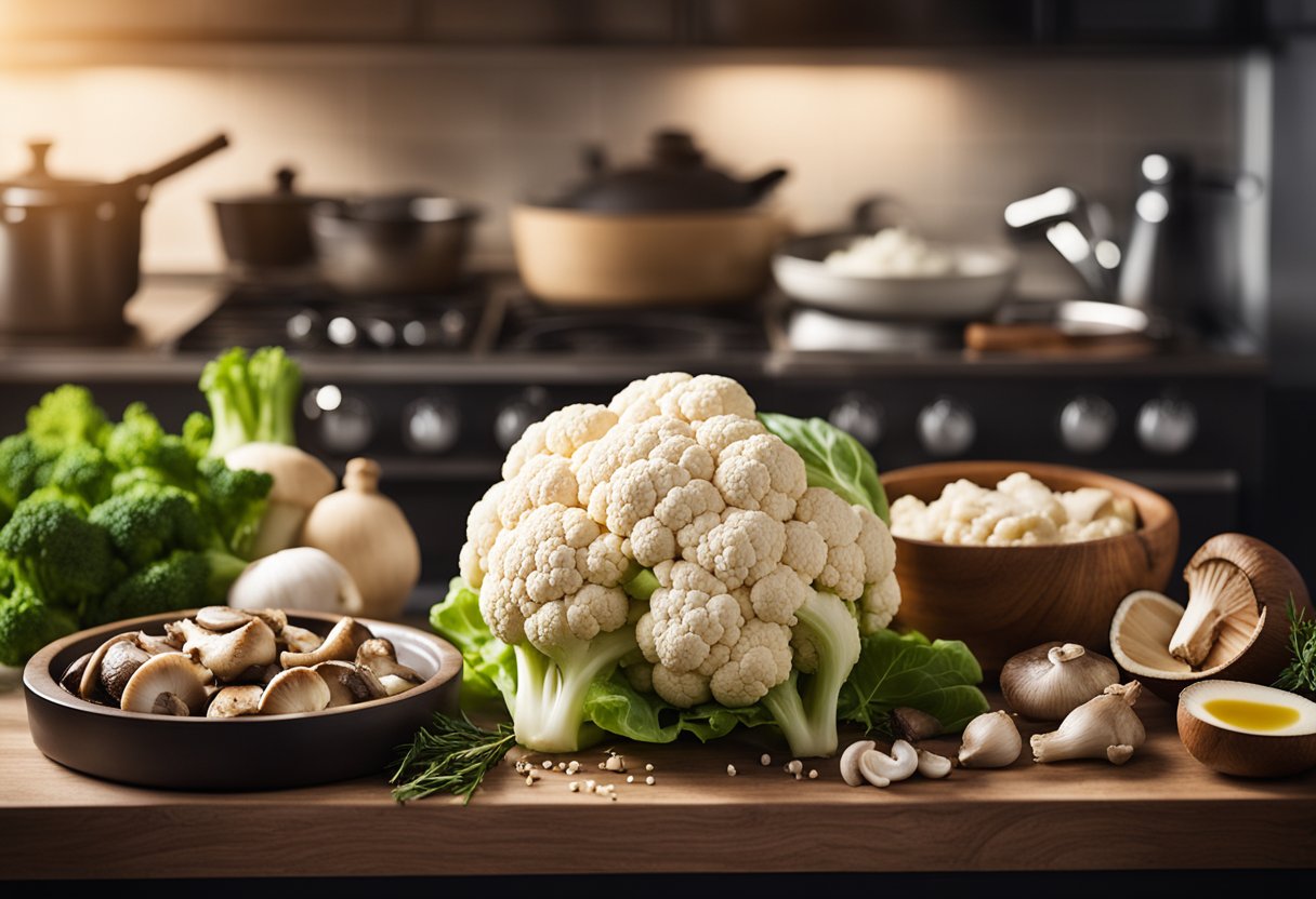 Uma bancada de cozinha com uma cabeça de couve-flor, cogumelos e peito de frango cru, cercada por vários utensílios de cozinha e ingredientes.