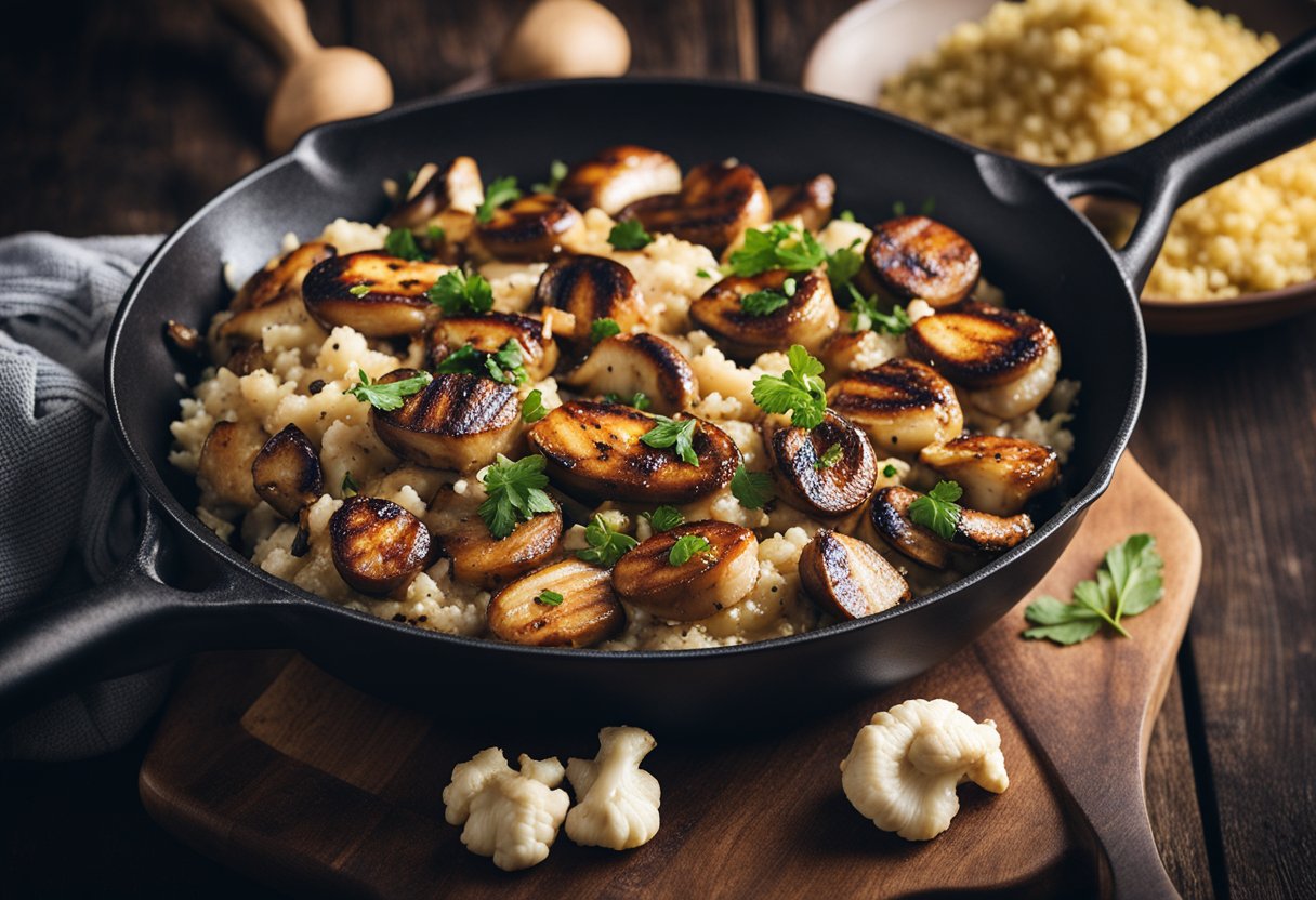 Uma frigideira chiando com cogumelos salteados e frango grelhado, enquanto uma panela vaporiza com arroz de couve-flor.