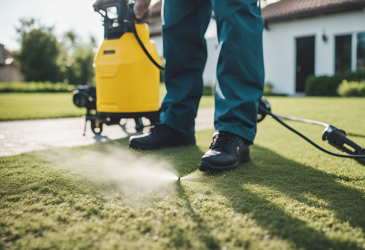 En skadedyrkontrolltekniker som sprayer pesticid rundt et hus for å forhindre og fjerne skadedyr