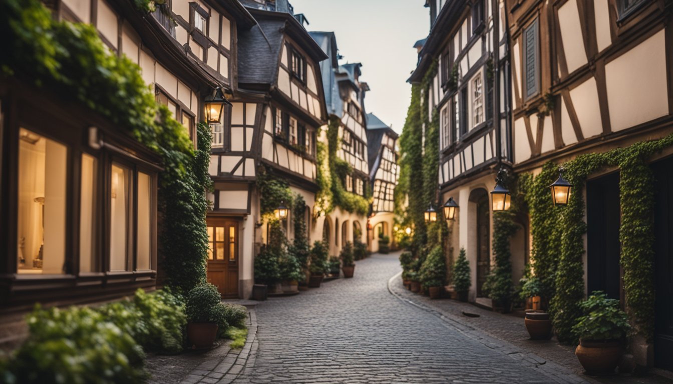 A cobblestone alley lined with half-timbered houses, ivy-covered walls, and vintage street lamps, leading to a quaint courtyard with a hidden fountain in the historical enclave of Frankfurt