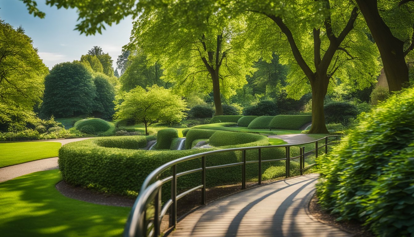 A tranquil park with winding paths, vibrant greenery, and a hidden waterfall in the heart of Frankfurt