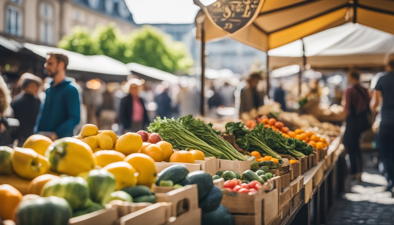 A bustling outdoor market with colorful stalls selling fresh produce, artisanal goods, and unique local delicacies in Frankfurt