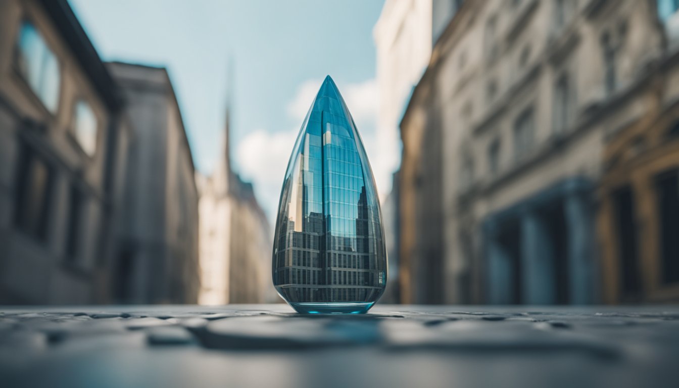 A futuristic glass skyscraper nestled among historic buildings in a cobblestone alleyway