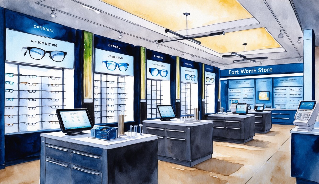 Una tienda óptica moderna en Fort Worth, Texas, con tecnología y equipos avanzados. Expositores bien iluminados muestran las últimas gafas y dispositivos digitales para pruebas de visión.