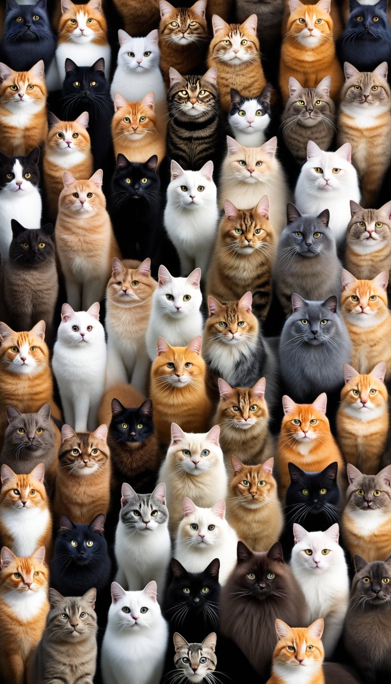 A colorful array of 25 different cat breeds, each with unique fur patterns and distinct features, gathered together in a playful and diverse group
