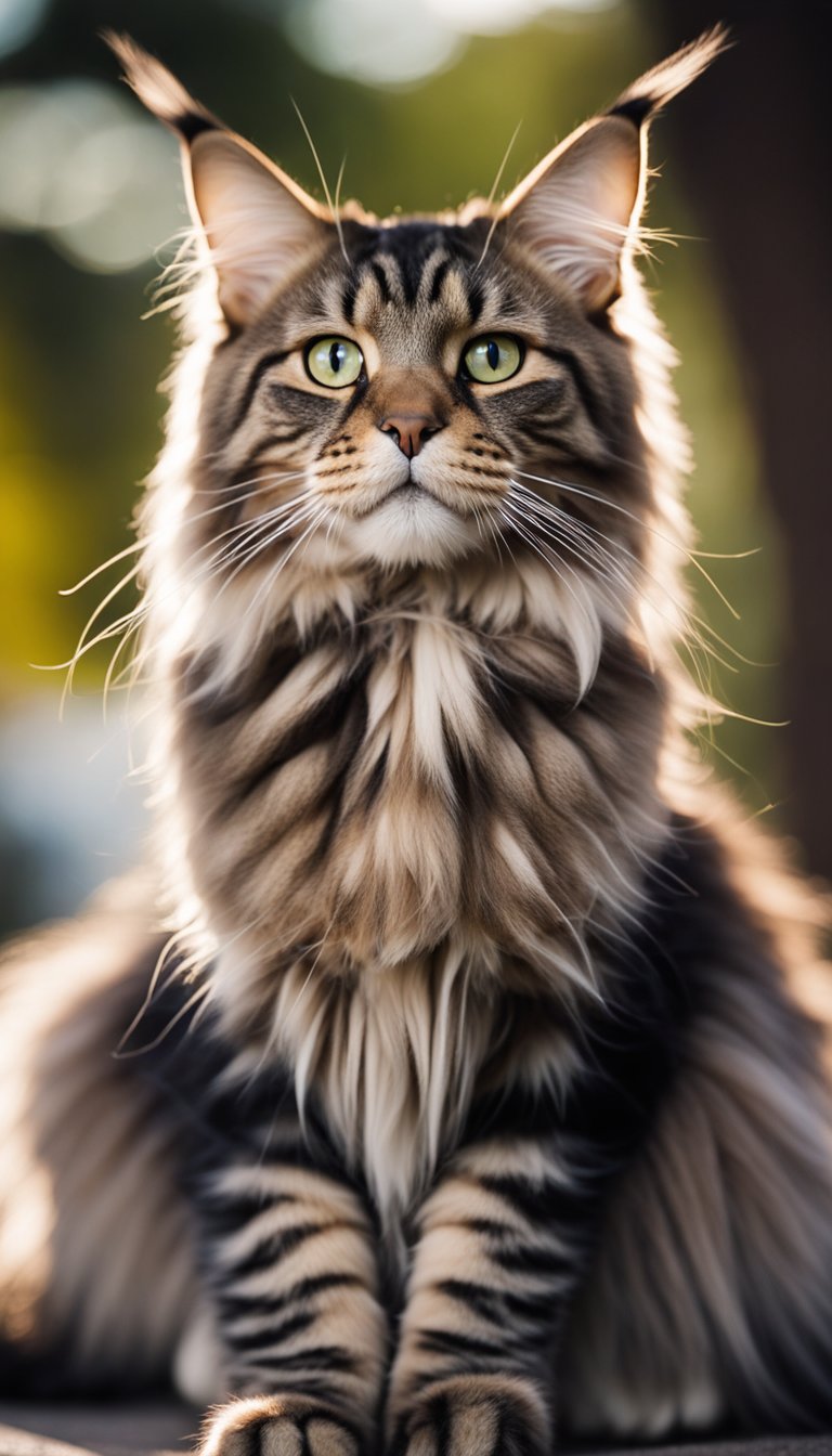 A Maine Coon cat sitting among 24 other different cat breeds, all looking in different directions