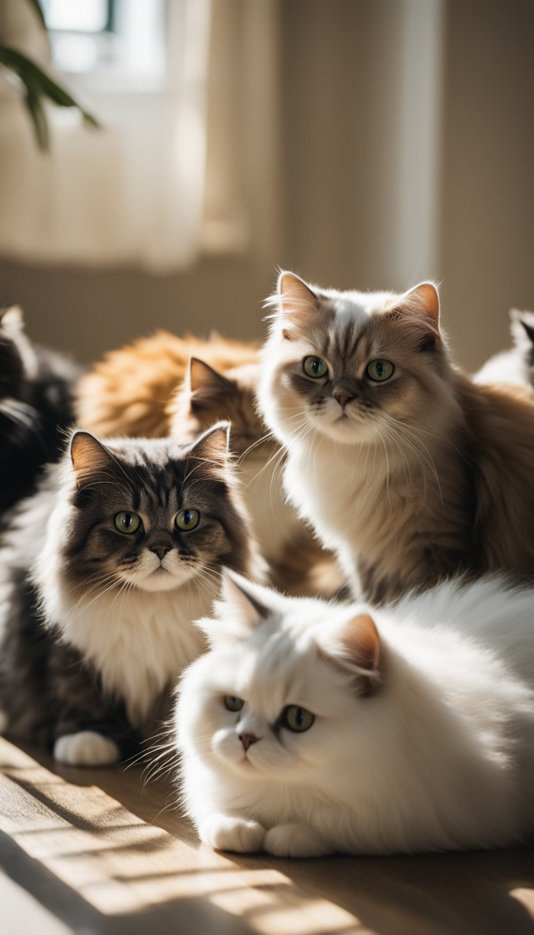 A group of 25 Persian cats of different colors and patterns lounging and playing in a sunlit room