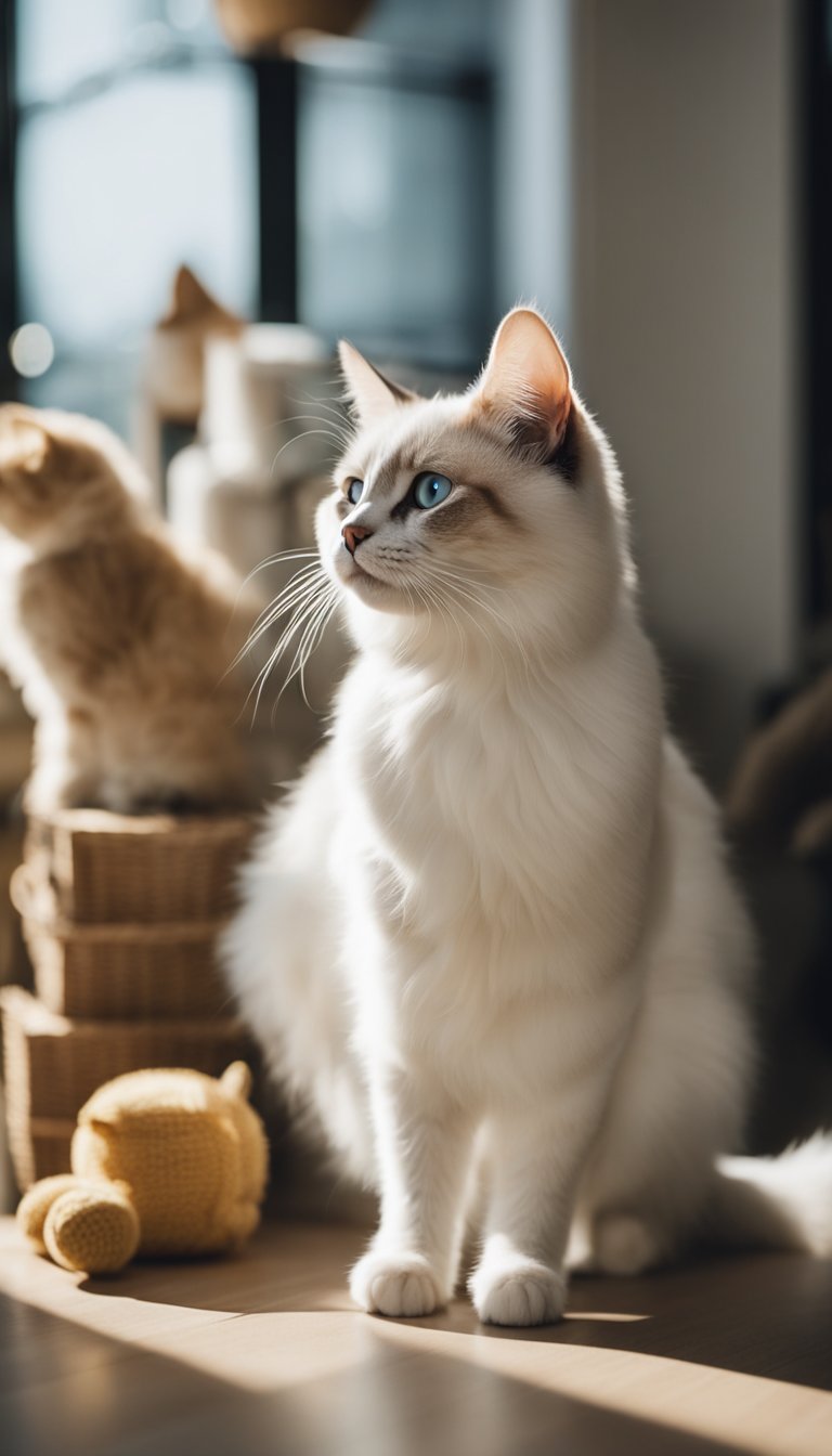 A collection of 25 different cat breeds, including Ragdolls, lounging and playing in a sunlit room with various toys and scratching posts
