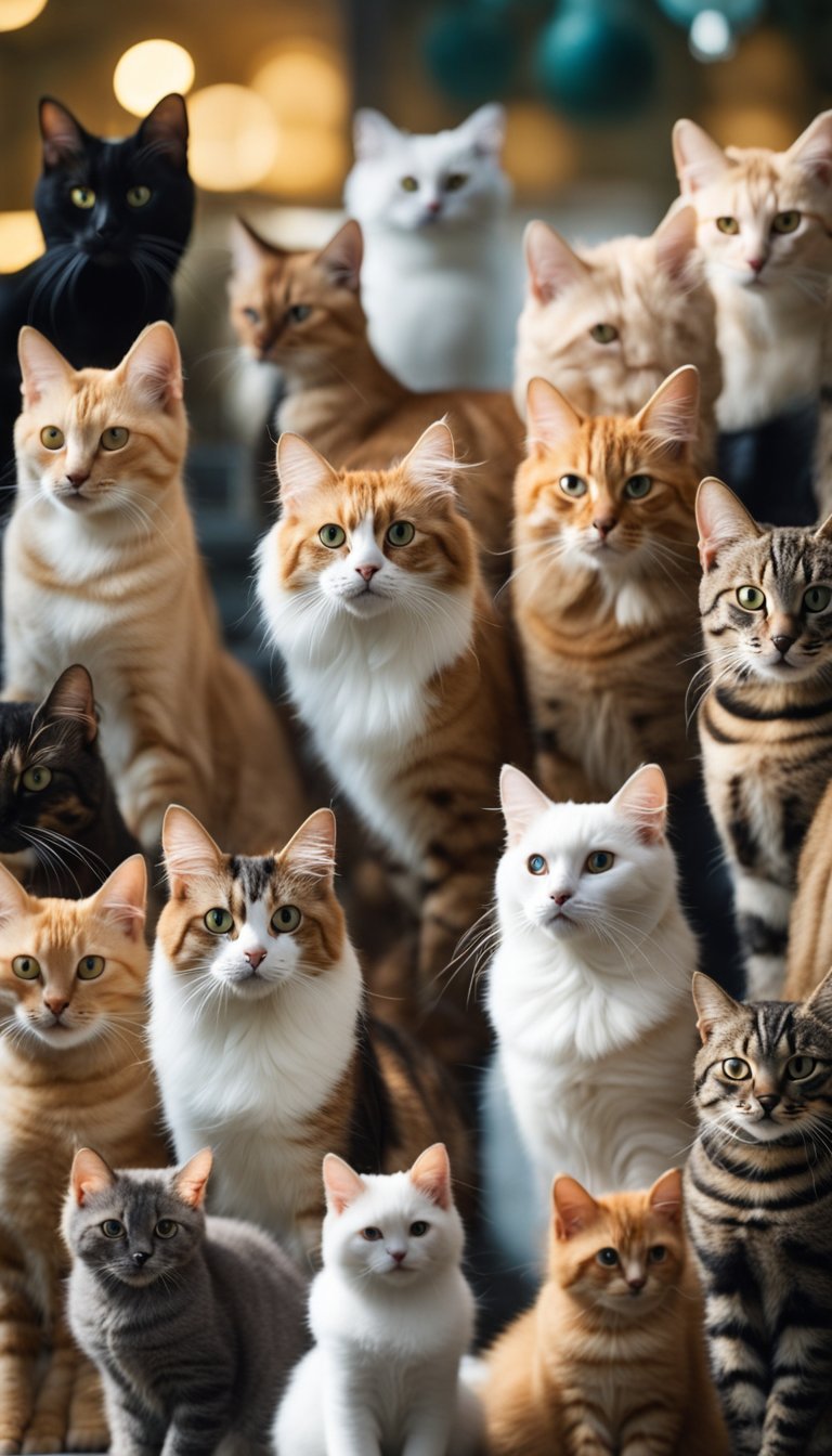 A group of 25 different cat breeds, including Bengal, gather in a colorful and lively setting, showcasing their unique fur patterns and personalities