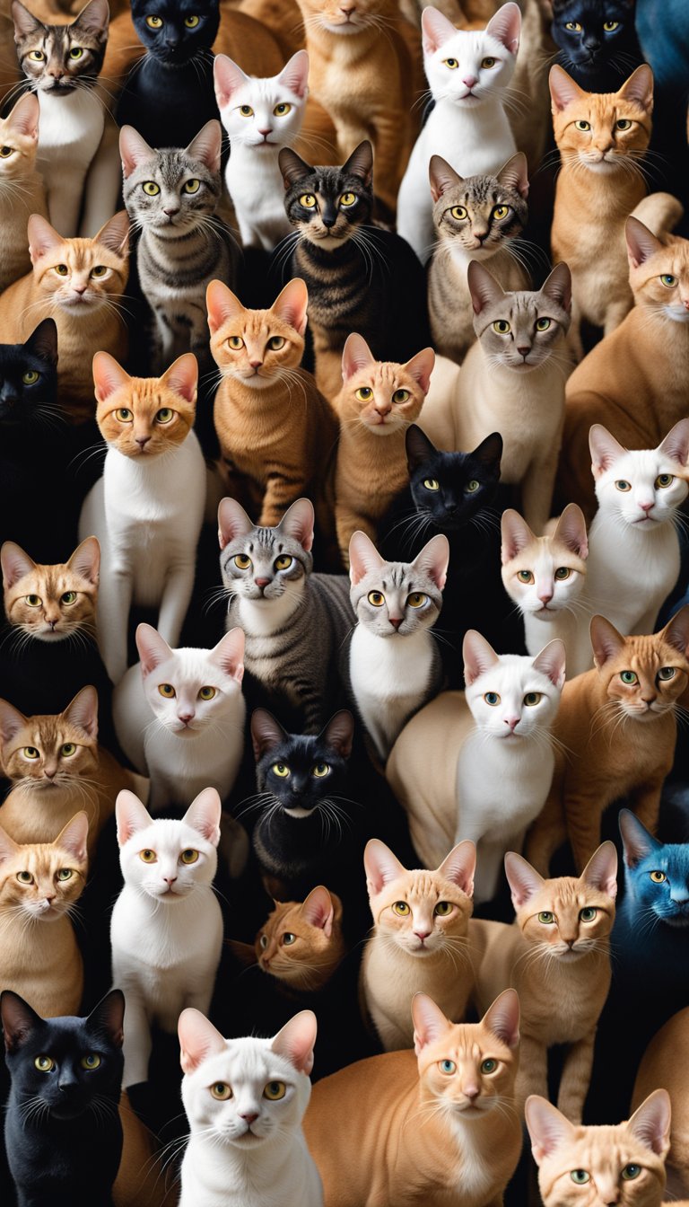 A group of 25 distinct cat breeds, including a Sphynx, gathered in a diverse and colorful setting