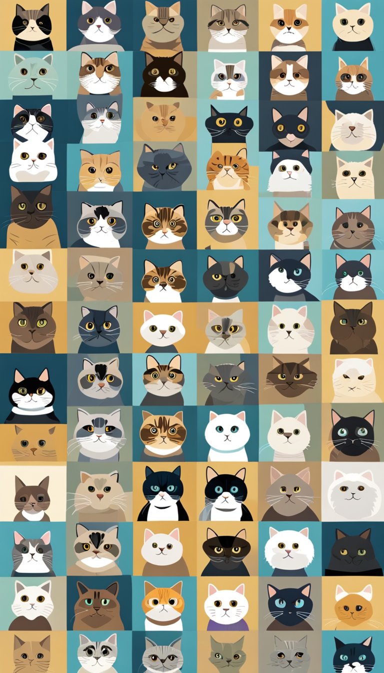 A Scottish Fold cat surrounded by 24 other different cat breeds, all sitting together in a circle, each with their unique characteristics and features