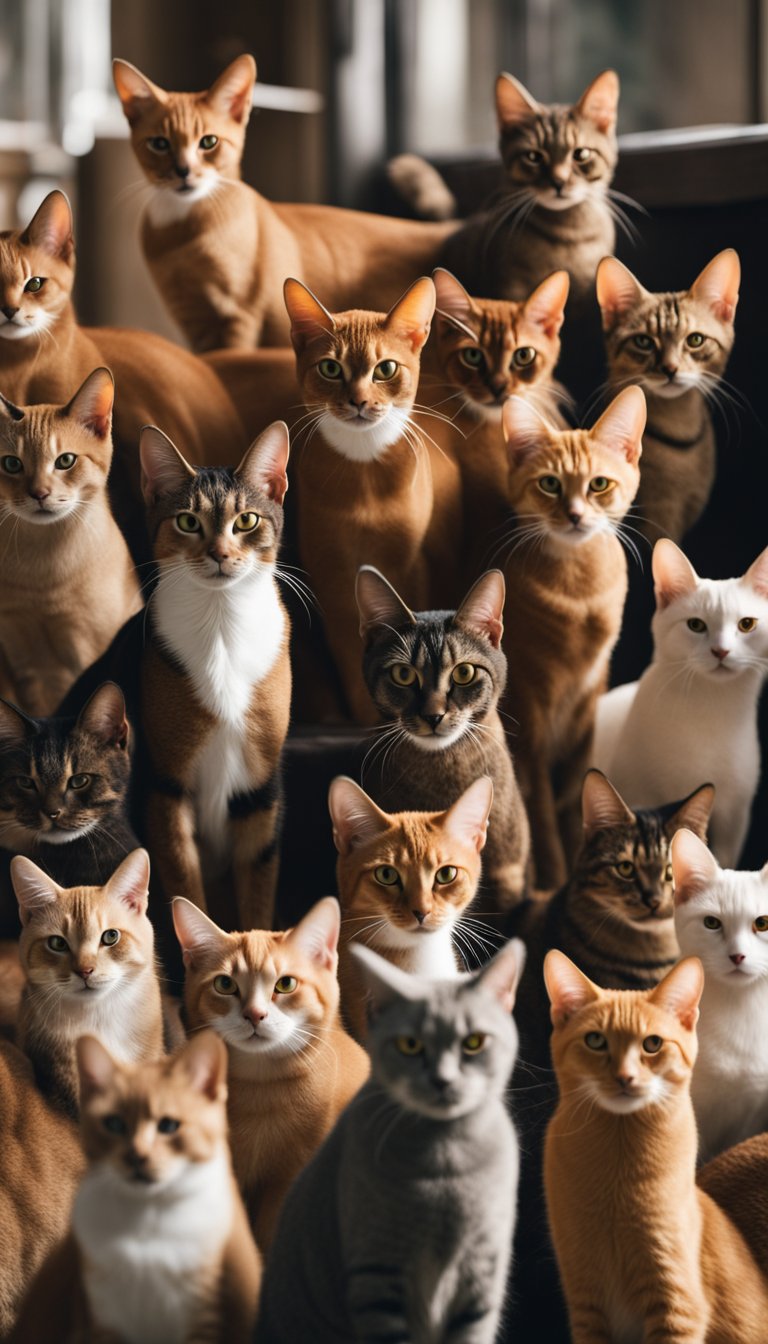 An Abyssinian cat surrounded by 24 other different cat breeds, all sitting together in a group