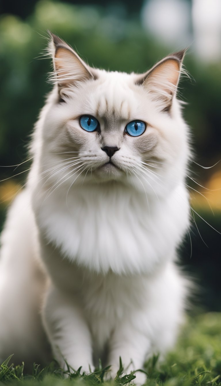 A Birman cat stands among 24 other different cat breeds, each with unique colors and markings, creating a diverse and colorful feline gathering
