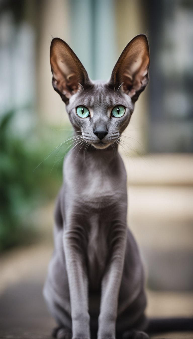 An Oriental Shorthair cat sits among 24 other different cat breeds, each with unique coloring and markings