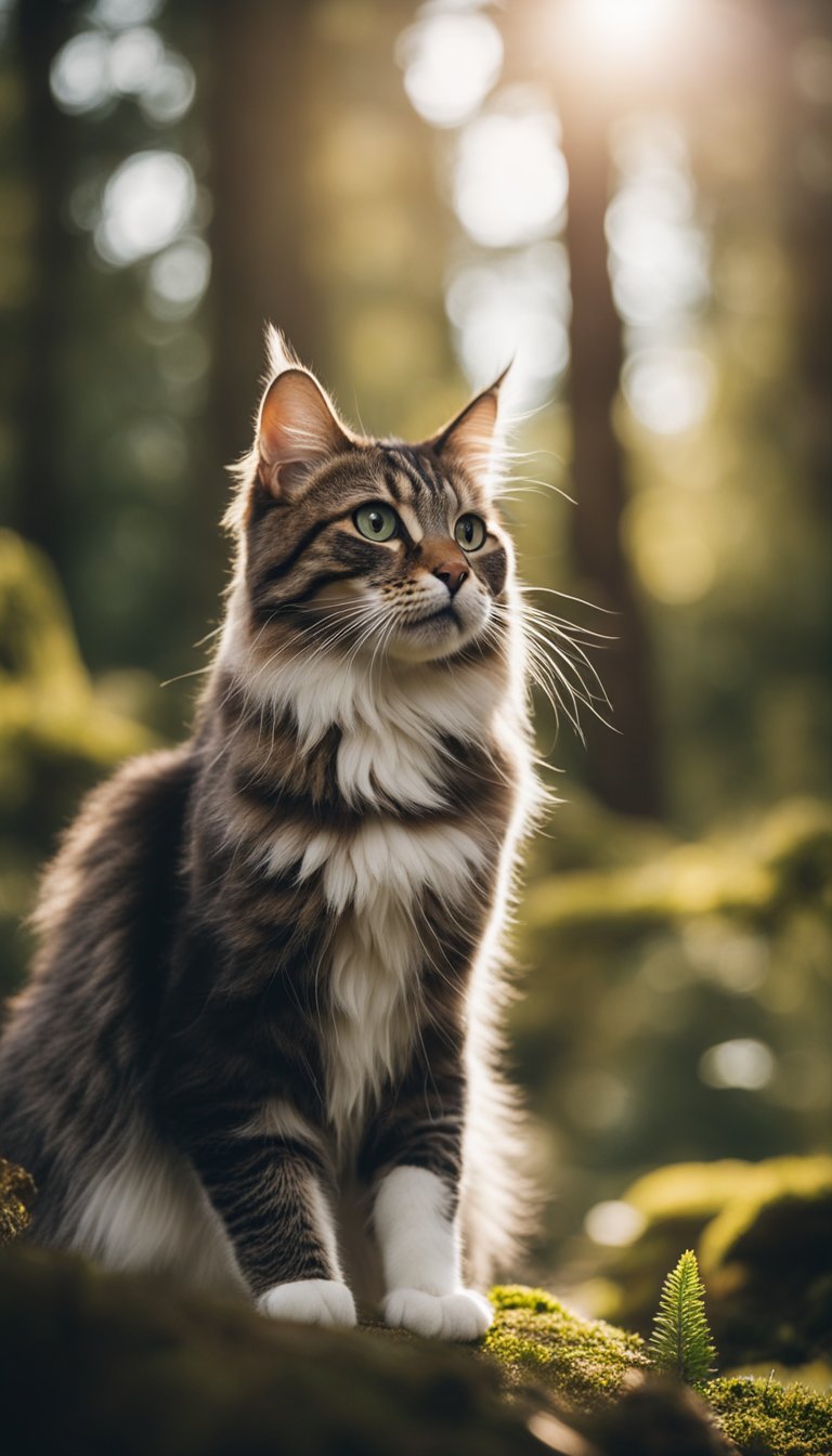 A Norwegian forest with 25 different cat breeds roaming among the trees and foliage
