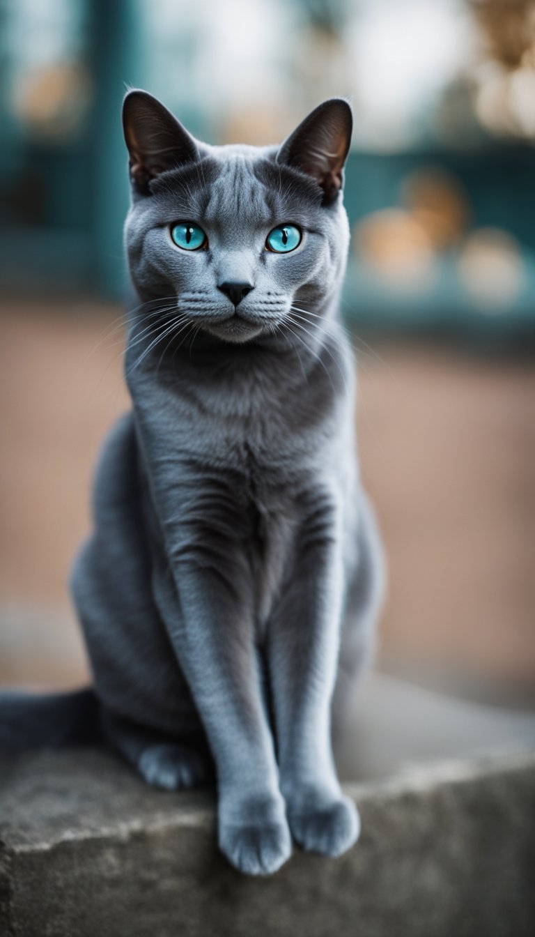 A Russian Blue cat sits among 24 other distinct cat breeds, each displaying unique characteristics