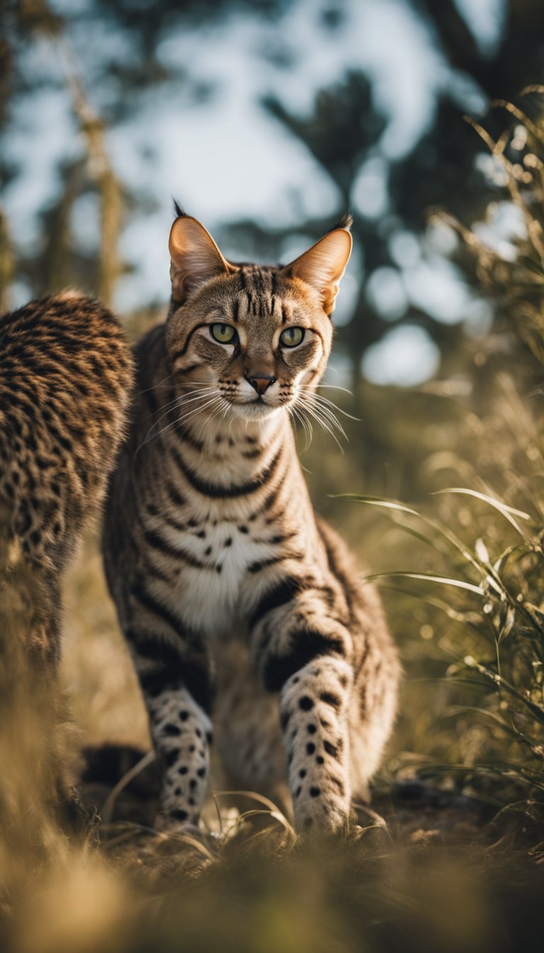 A sprawling savannah with 25 distinct cat breeds roaming freely