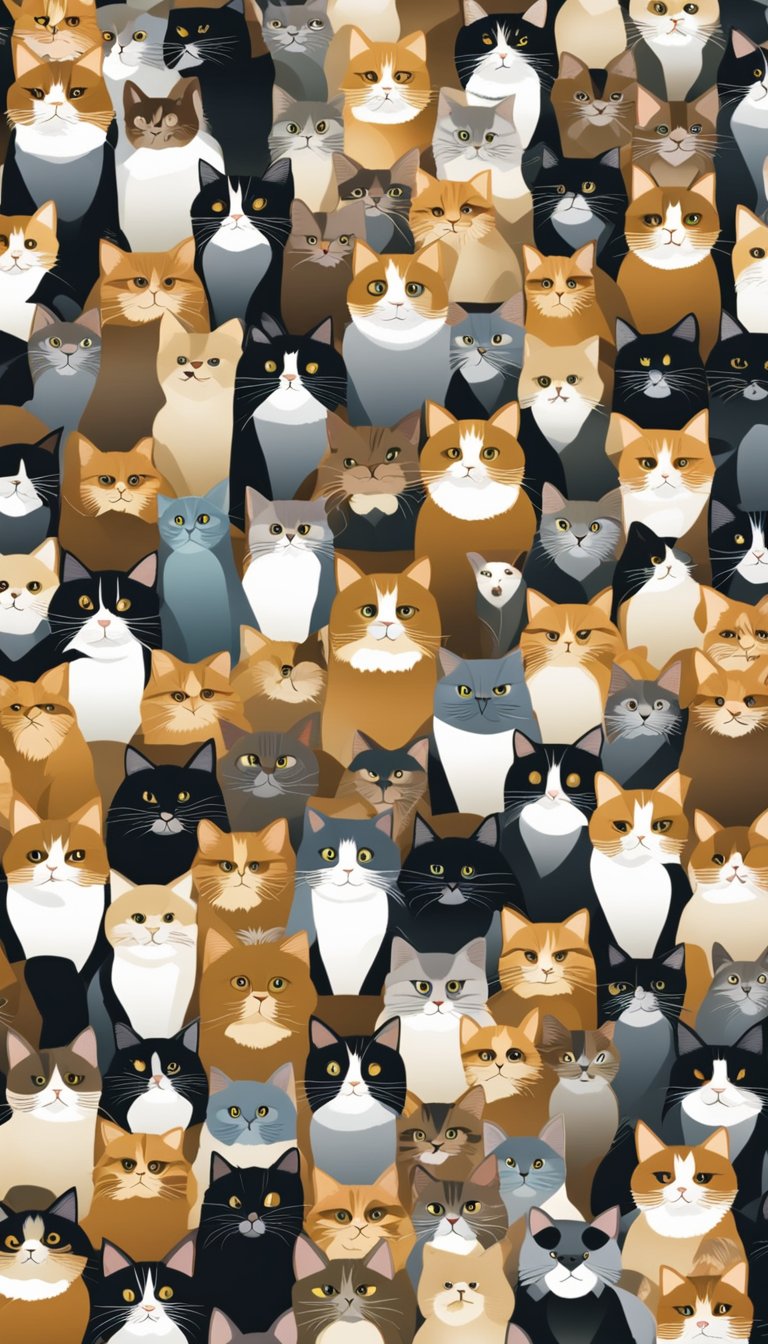 A group of 25 different cat breeds, including the Exotic Shorthair, gathered together in a playful and curious manner