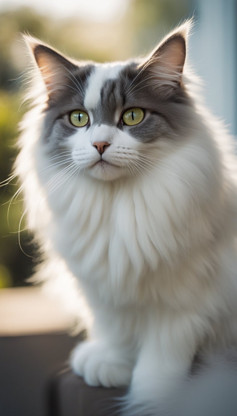 A Turkish Angora cat sitting among 24 other different cat breeds, each with unique fur patterns and colors