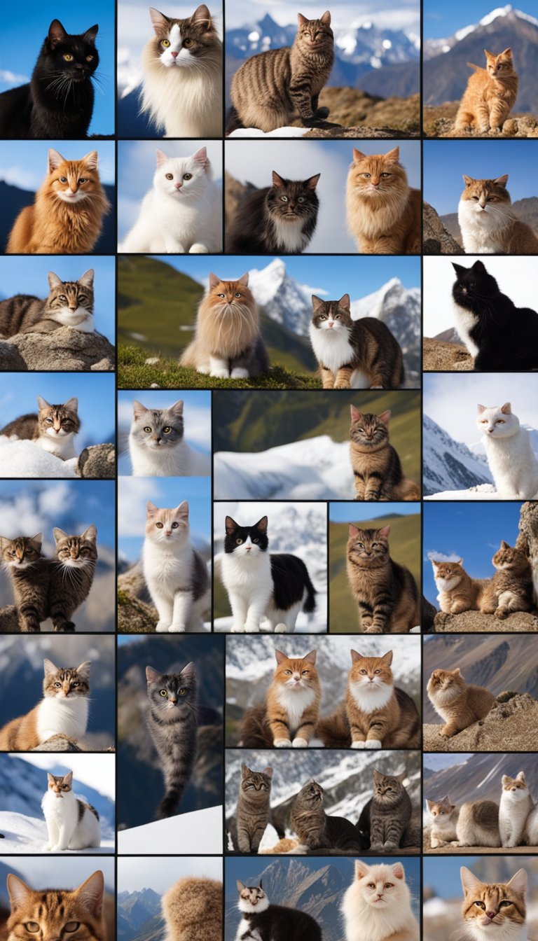 A group of 25 different cat breeds gathered in the Himalayan mountains, with snow-capped peaks in the background