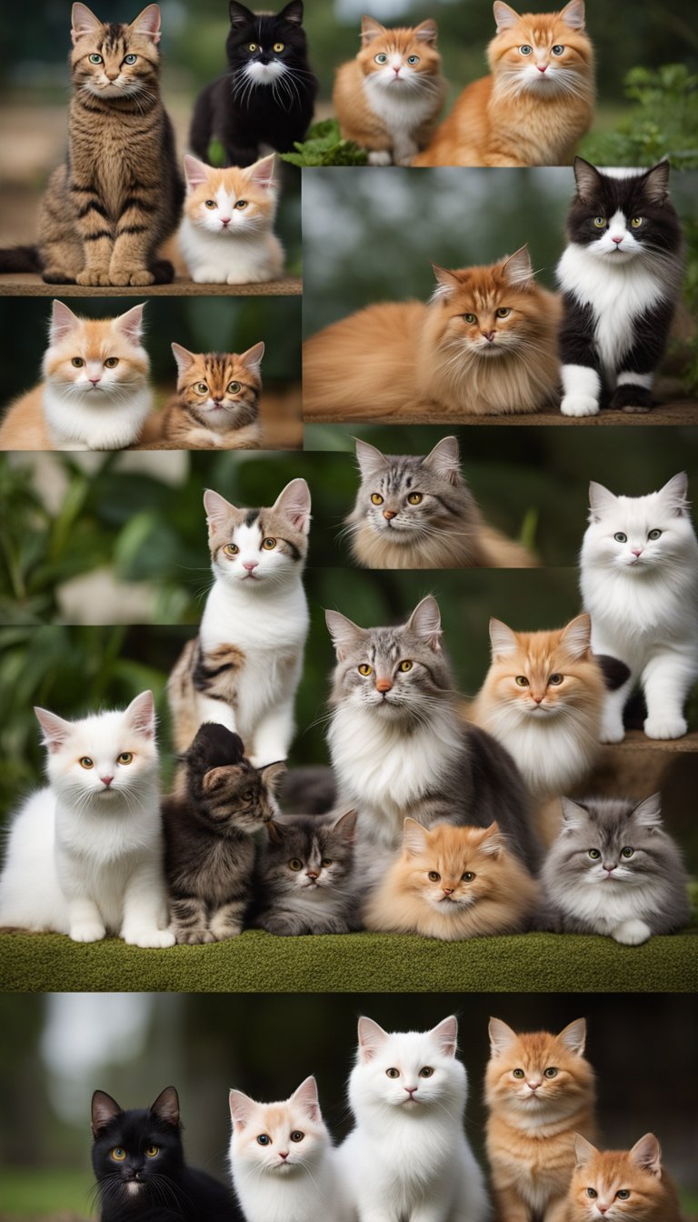 A group of 25 different cat breeds, including ragamuffins, gathered in a playful and curious manner, showcasing their unique fur patterns and colors