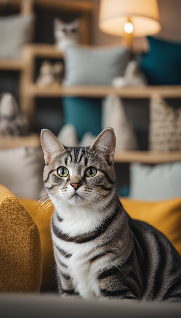 An American Shorthair cat surrounded by 24 other different cat breeds, all sitting together in a cozy and colorful living room