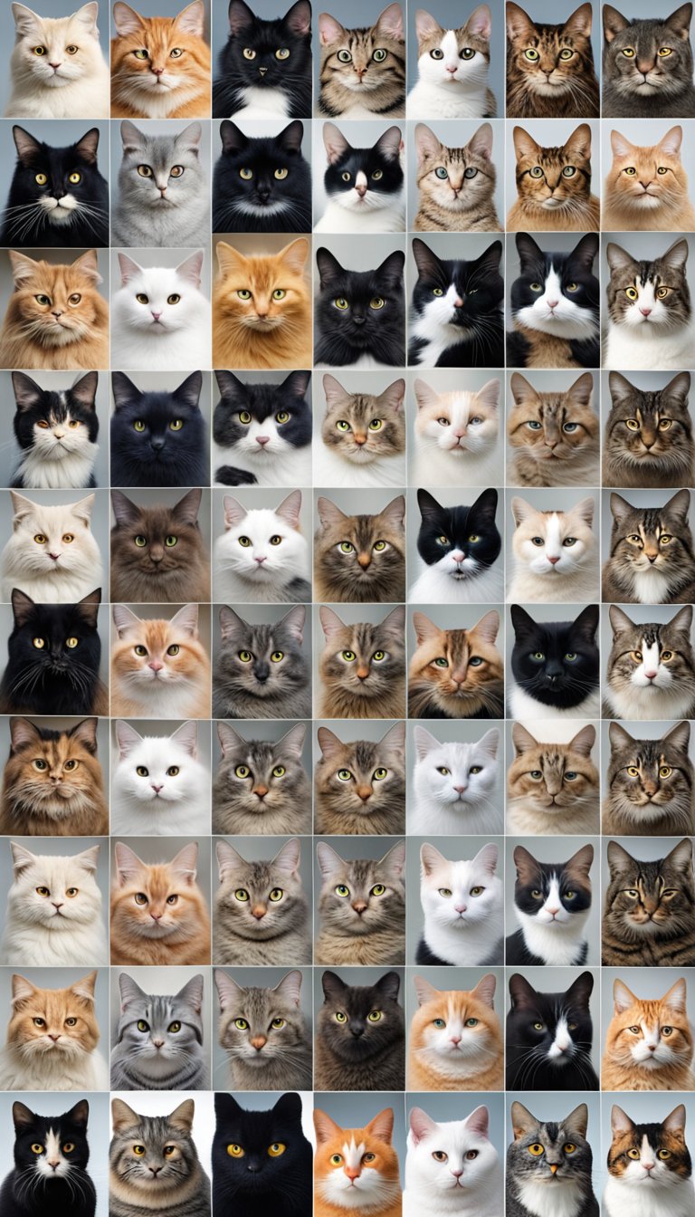 A group of 25 different cat breeds gathered together, each displaying their unique features and characteristics