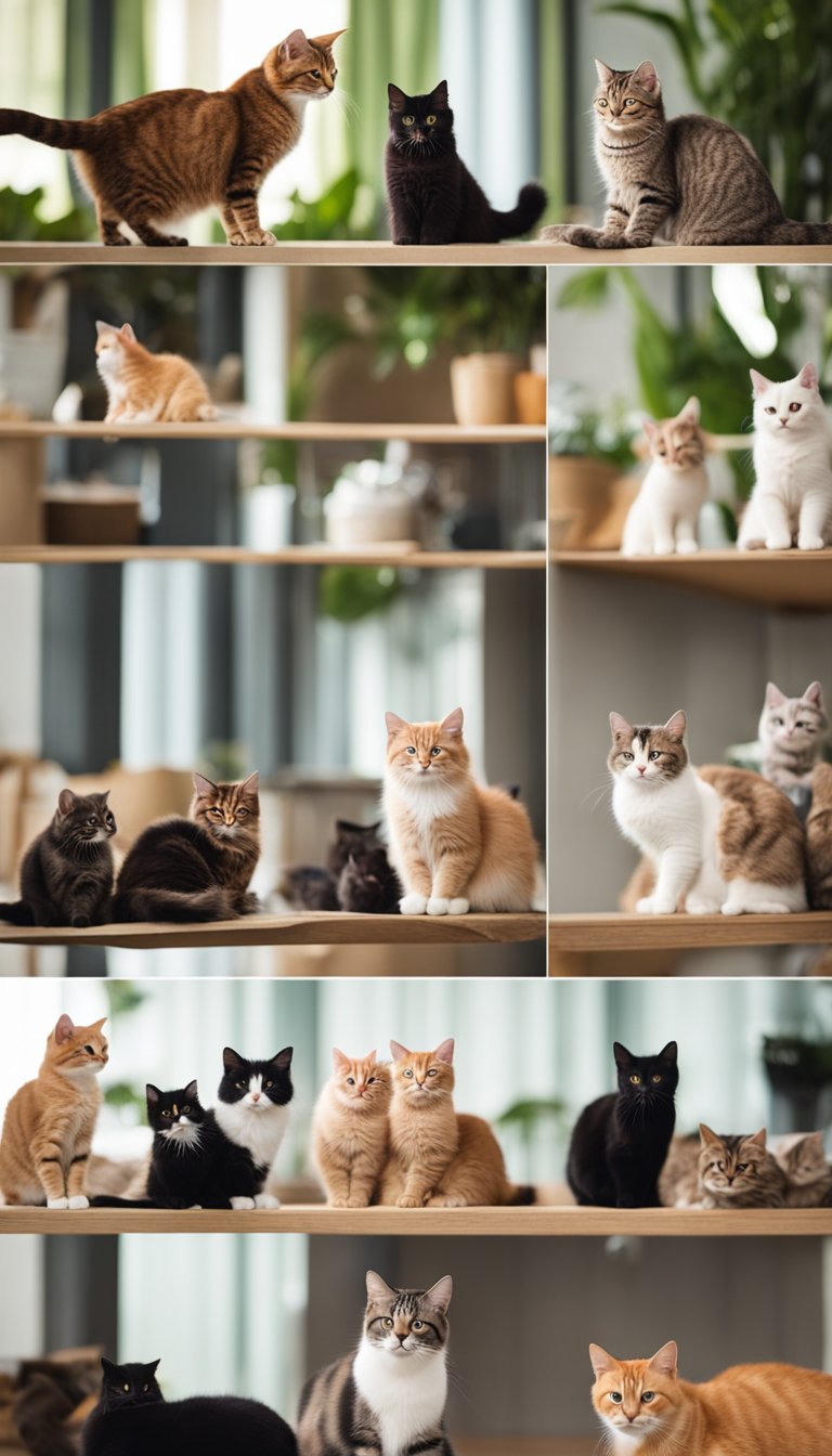 A cozy room filled with 25 adorable cat breeds playing, napping, and grooming. Each cat exhibits unique markings and expressions, creating a delightful and heartwarming scene