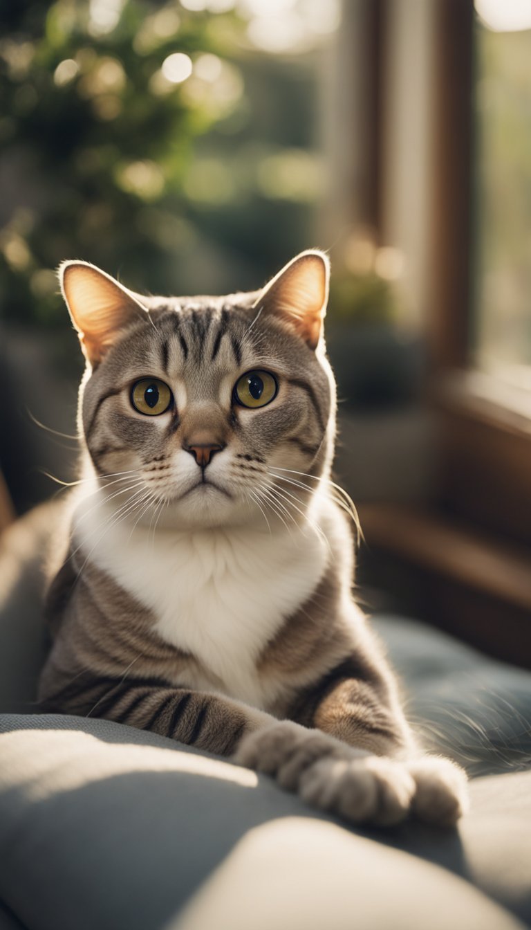 A Scottish Fold cat with large, folded ears sits on a cozy cushion, gazing out a window at a sunny garden