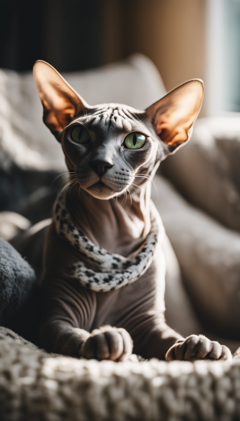 A Sphynx cat lounging in a cozy, sunlit room, surrounded by plush pillows and blankets, with a playful expression on its face