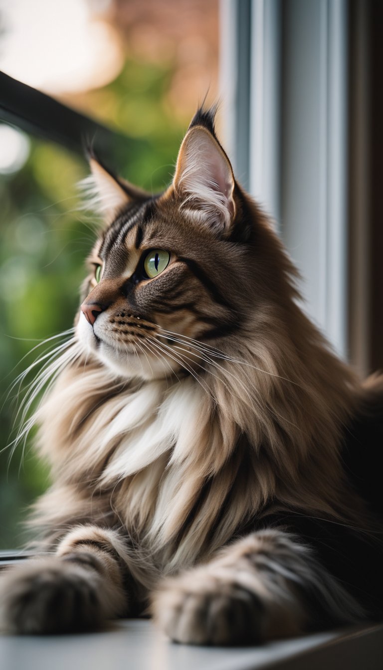 A Maine Coon cat with tufted ears and long, flowing fur lounges on a cozy window perch, gazing out at the world with large, expressive eyes