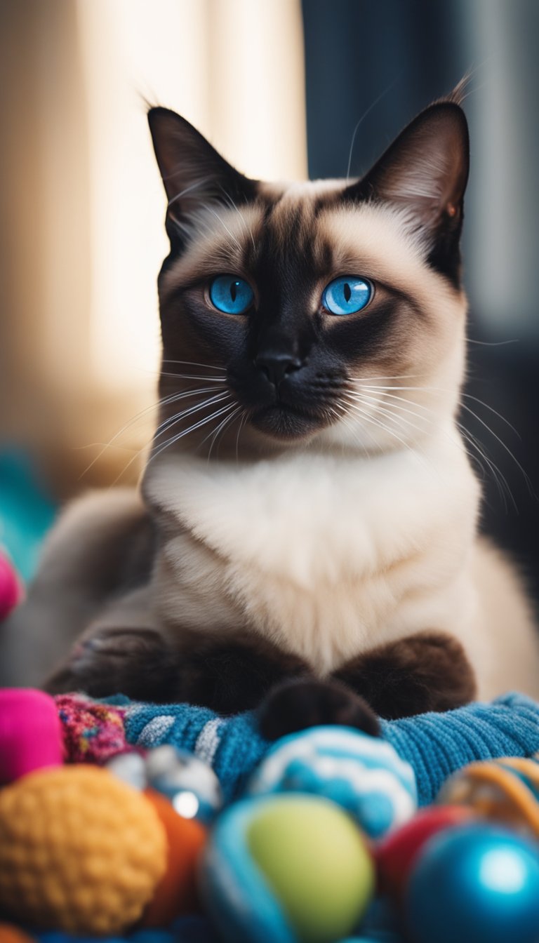 A Siamese cat with striking blue eyes sits gracefully on a soft cushion, surrounded by colorful toys and a cozy blanket